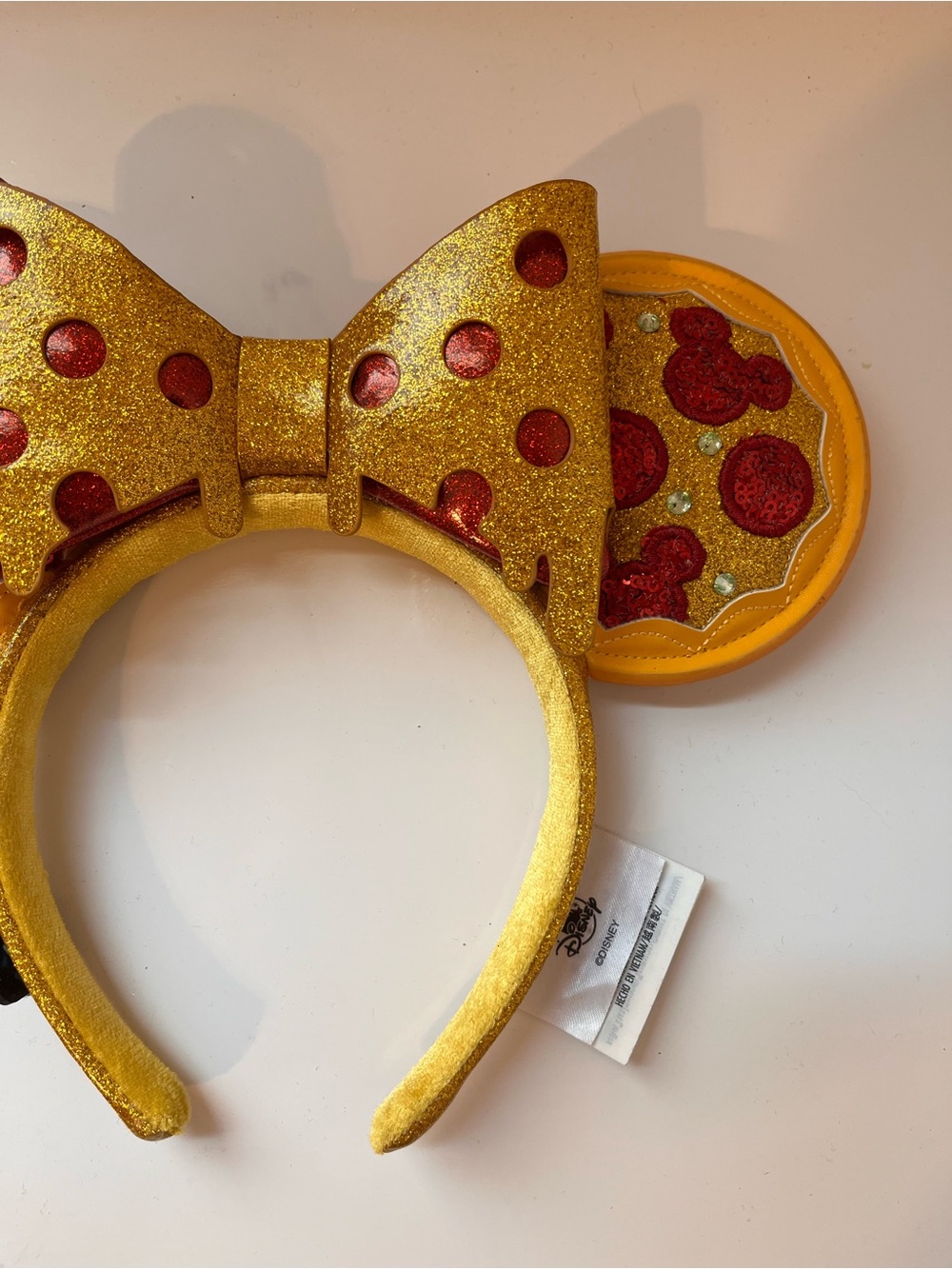 Disney Parks Minnie Mouse Pizza Ear Headband Sparkle Sequins Cheese Melt Bow - Picture 4 of 6